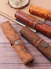 Estuche de lápices retro de cuero con mapa del tesoro creativo de 1 pieza rollo de lápiz B