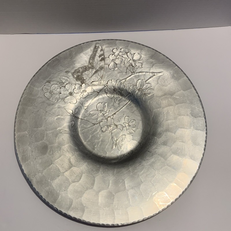 Vintage Arthur Armour Hammered Aluminum Tray with a Butterfly Dogwood 14” Round 