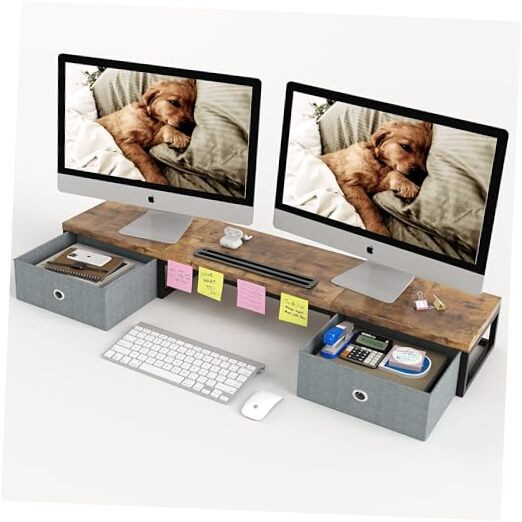 Dual Monitor Stand Riser with 2 Drawers - 39-Inch Wide Desk Organizer with Large Storage Space for Computers and Accessories-image