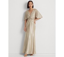Lauren Ralph Lauren Twist-Front Cape-Overlay Metallic Gown Womens 4 Tan Back Zip