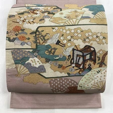 Obi FUKURO OBI Masterpiece Fan Flowers and Birds Gold and Silver Thread Light