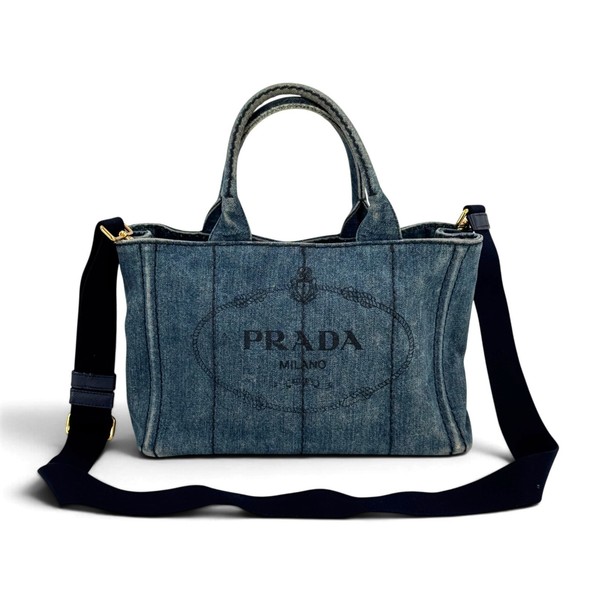 Auth PRADA Milano Denim Canapa Indigo 2WAY Handbag Adjustable Shoulder Bag
