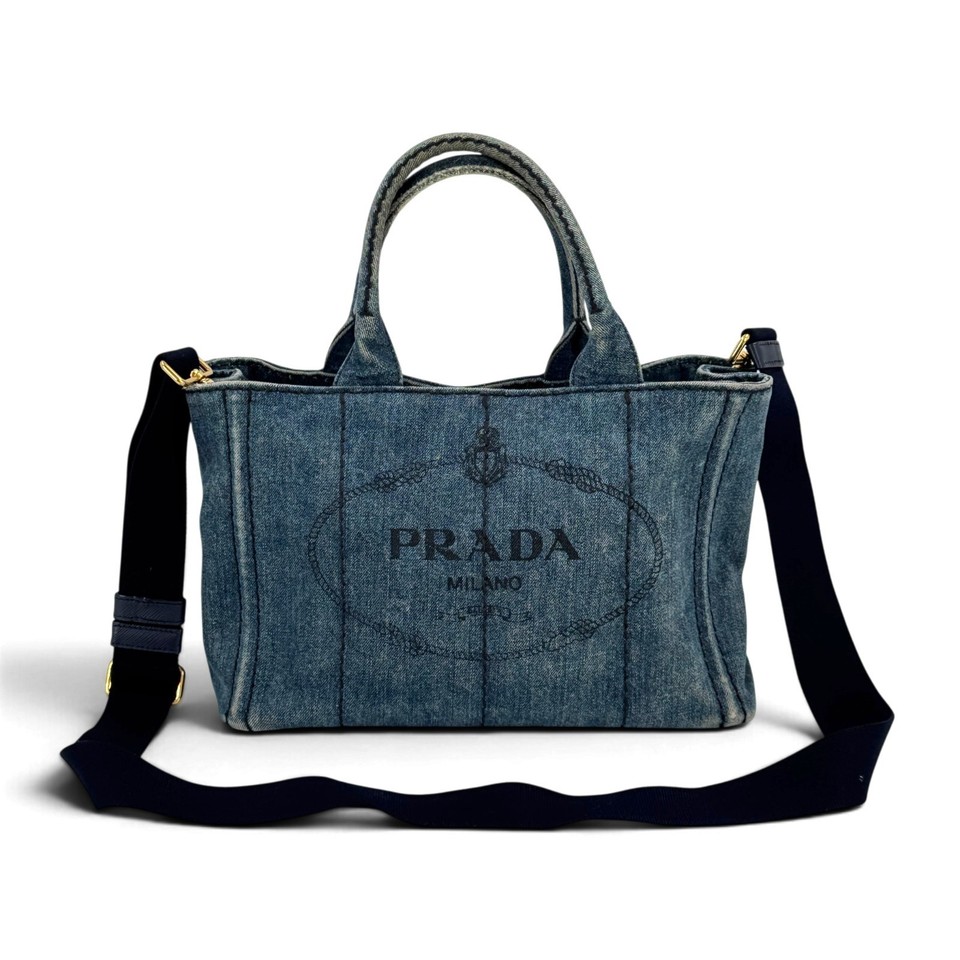 Auth PRADA Milano Denim Canapa Indigo 2WAY Handbag Adjustable Shoulder Bag