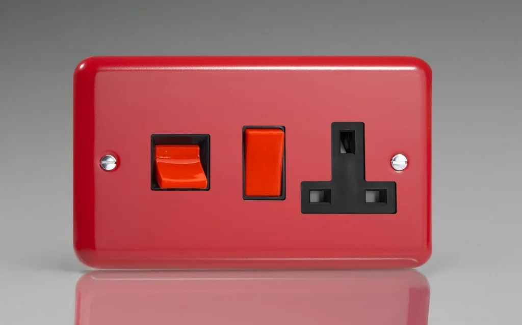 Switch Black 45A Cooker + 13A Socket 2 Pole Lily Pillar Box Red Black/Red Insert