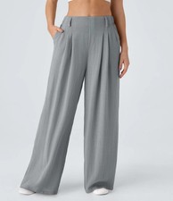 High Waisted Wide Leg Flowy Palazzo Casual Linen-Feel Pants Quarry Size XL