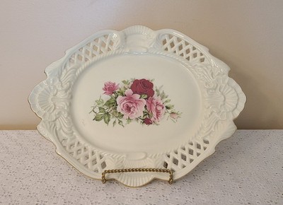 Formalities Baum Brothers Lattice Oval Decorative Platter Pink Roses Vintage