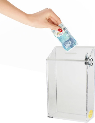 Klare Acryl Spenden- & Vorschlagsbox mit Schloss & 2 Schlüsseln Charity Behälter