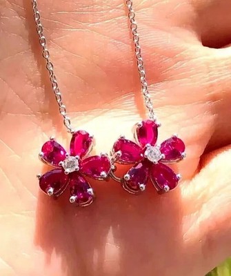 1.60Ct Pear Cut Lab-Created Ruby Flower Pendant 14K White Gold Plated 18''Chain