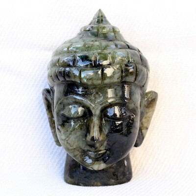 Natural Blue Fire Labradorite Buddha Head Gemstone Handmade Carving Home Decor