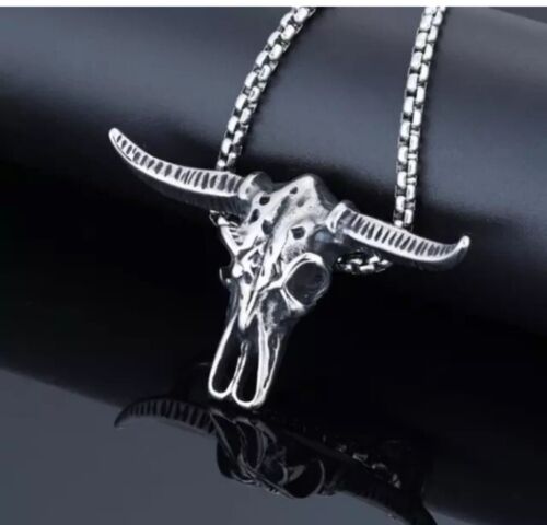 Men Cow Bull OX Buffalo Head Skull Stainless Steel Pendant Necklace Silver Black
