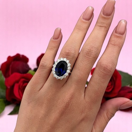 Alianza de platino diamante natural corte ovalado 8,30 quilates zafiro azul cultivado en laboratorio - Imagen 6 de 12