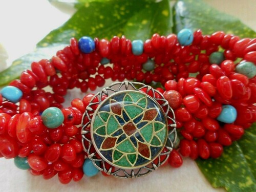 Southwest Carolyn Pollack Coral Beaded Inlaid Stretch Bracelet 25D - Picture 2 of 8