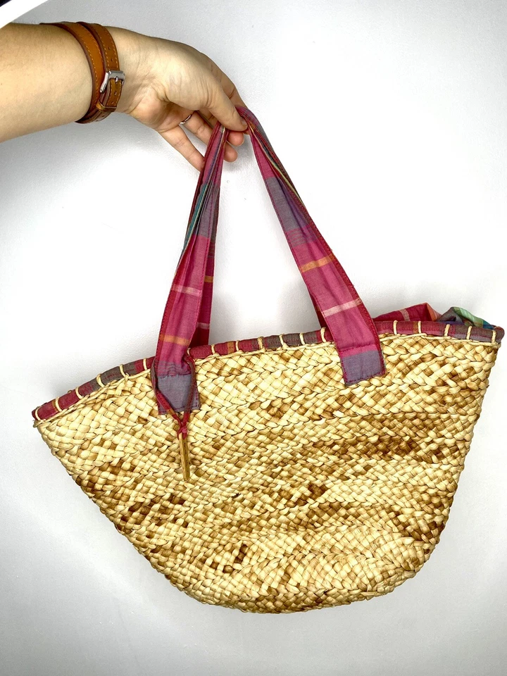 Bolso de Playa Ralph Lauren De Colección Rafia Natural Multicolor Cuadros Tela Borde Foto 2 de 4