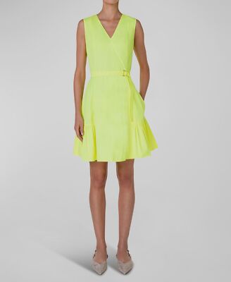 $1290 Akris Punto Womens Yellow V-Neck Poplin Belted A-Line Dress Size 14