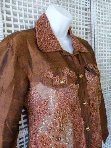 Art-to-Wear Coldwater Creek verzierte Herbst Zimt Glanz Rohseide Jacke ~ S - Bild 3 von 12
