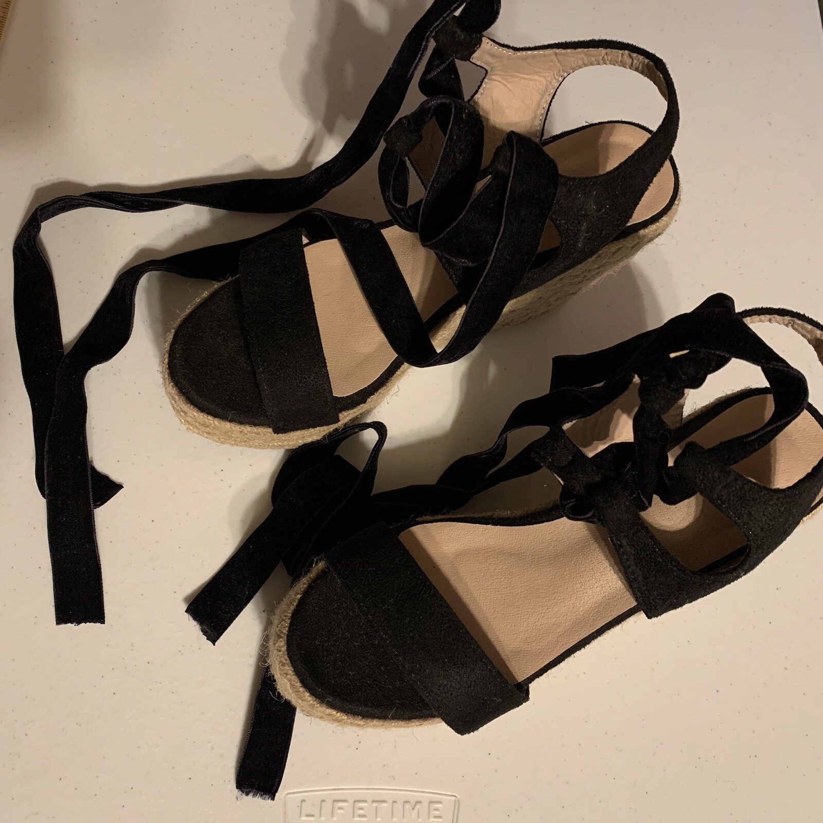 Strappy Black Suede Velvet Wedge Sandals with Braided Sisal Heel Size 9 Preowned