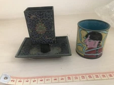 Antique China Cloisonne Yellow lady Smoke Set Ashtray Match Box Set