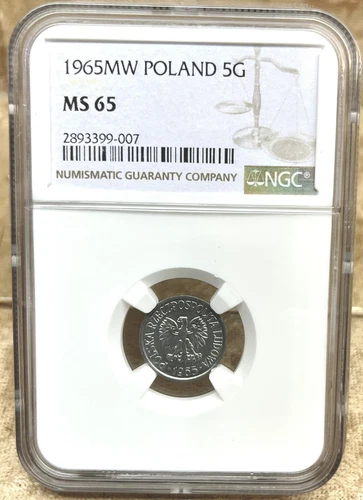 Poland 1965 MW 5 Groszy NGC MS 65 Aluminum