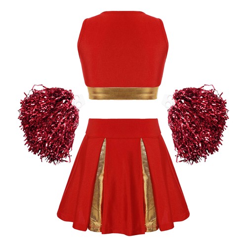 Kids Girls Cheerleading Uniform Crop Tops Pleated Skirt Flower Balls Dress - Picture 44 of 69