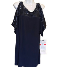 Cachet Navy Sequin Cold Shoulder Sheath Dress Keyhole Back Size 10 NWT Party