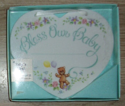 Vintage PerJinkities Baby's First Bless Our Baby Ceramic Heart Nursery Hanger