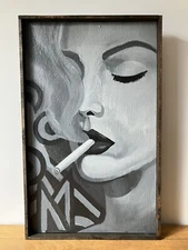 painting Woman Smoking Cigarette art acrylic b&w on canvas board framed 1994