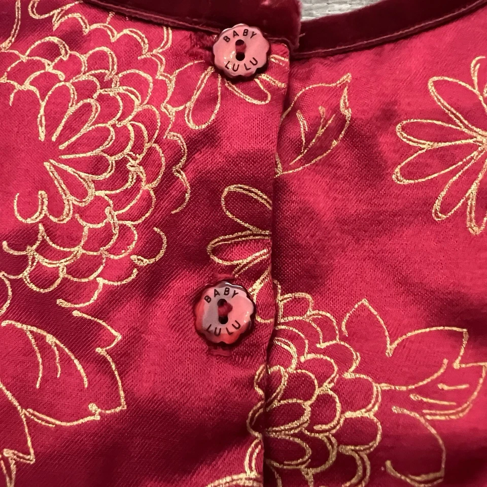 Vestido de Vacaciones Bebé Lulu Niñas Talla 12M Rojo Satinado Terciopelo Borde Navidad Floral Foto 4 de 4