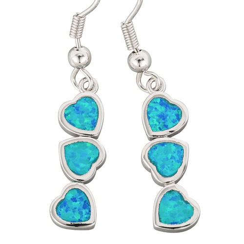 3 Heart Shape Ocean Blue Fire Opal Silver Jewelry Dangle Drop Earrings