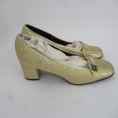 Barratts Saphire Gold Brocade Diamante Trim Evening Shoe UK Low