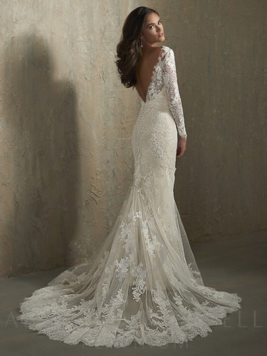 Adrianna Papell Elizabeth Style 31046 Lace Train Backless Leaf Vine wedding gown - Picture 2 of 12