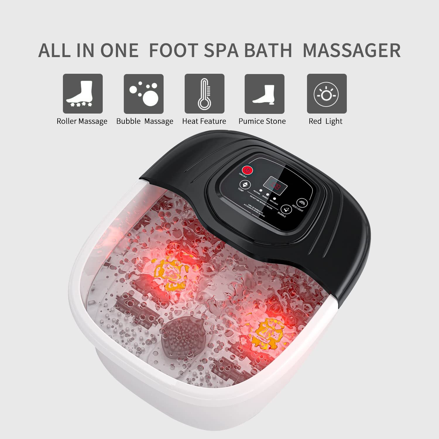 Foot Spa Bath Massager with Heat Bubbles Vibration Red Light for Stress Relief