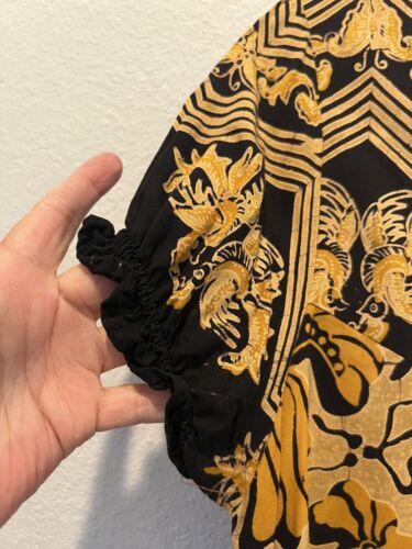 Vintage 60s Batik Tiered Dress Sweet Collar Tie Belt Black Mustard Yellow Size S - Picture 3 of 10