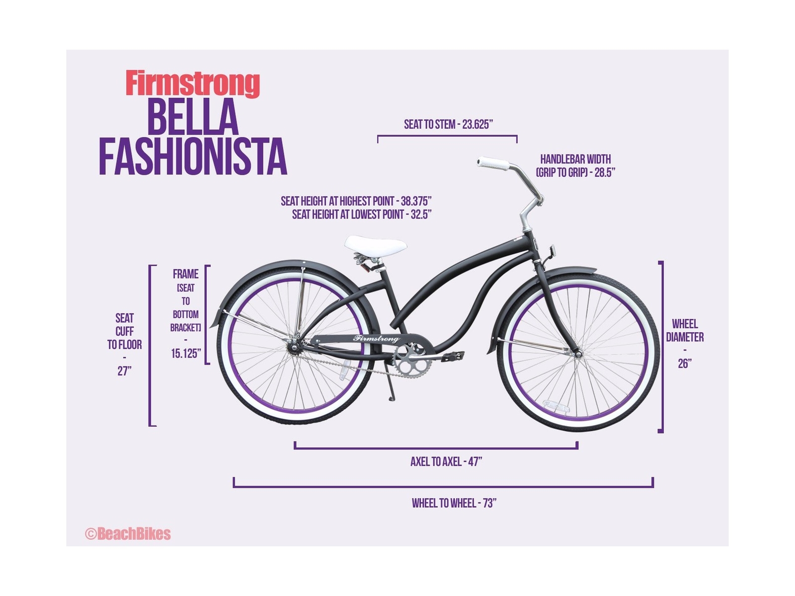 Firmstrong Bella Fashionista Beach Cruiser Bicycle Matte Black/Purple Rims