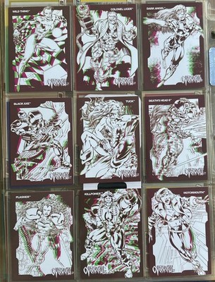 1993 Marvel Overkill 3D Trading Cards by Bryan Hitch Complete Set of 9 & glasses