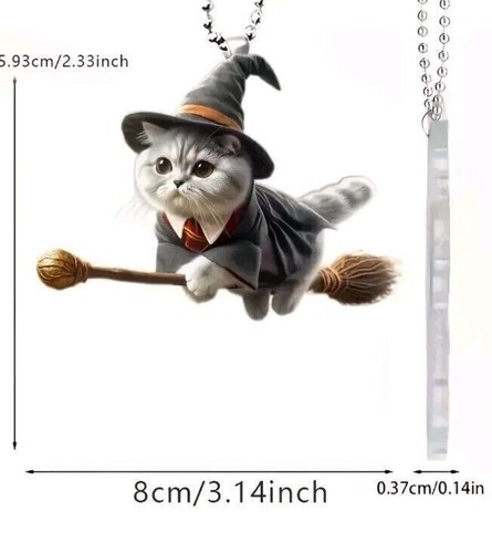 2D Acrylic Magic Flying Witch Cat Hanging Ornament Pendant Halloween Goth Auto - Picture 5 of 6