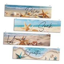Beach Decor, 4 Piece Hanging Wall Plaques - Rustic Wood Signs, Home Bathroom 05