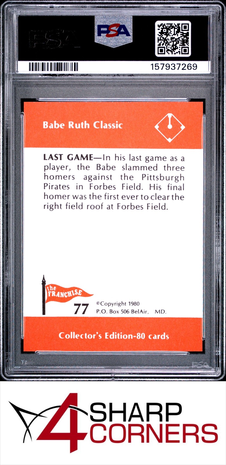 1980 FRANCHISE BABE RUTH #77 LAST GAME PSA 10 view 2