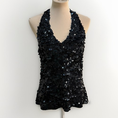 #ad #ad White House Black Market Black Sequin Halter Top Sz L Party Y2K Glam Evening $20.79