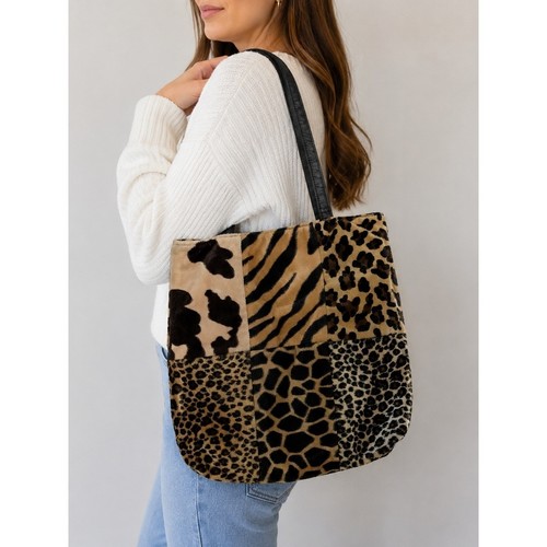 Animal Print Patchwork Tote Bag Cheetah Leopard Zebra Shoulder Purse Faux Fur