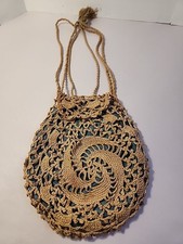 Vintage hand-crocheted drawstring purse, Possibly Edwardian/Victorian Teal Linin