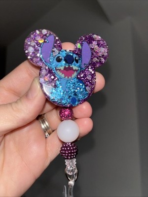 Stitch Themed Retractable ID Badge Holder-alligator clip. Beaded & Custom Made.