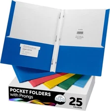 FILE-EZ Two-Pocket Folders 25 with 3-Prong Fasteners, Assorted Colors 