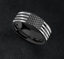 Black Unisex Adults Tungsten Stars and Stripes American Flag Wedding Ring - 8mm