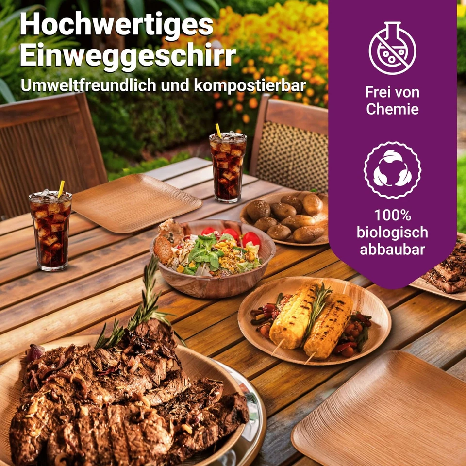 Bio Palmblatt Geschirr - 25 Stück eckig 20x20 cm - Premium Einwegteller kompo... - Bild 4 von 4