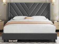 Full/Queen Upholstered Bed Frame with Wing Side Headboard, No Box Spring Needed