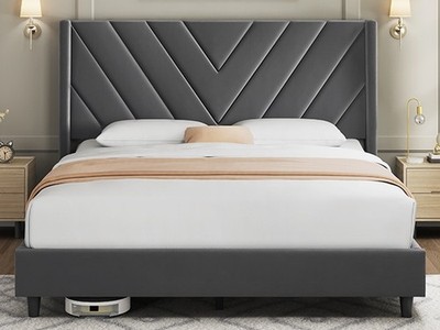 Full/Queen Upholstered Bed Frame with Wing Side Headboard, No Box