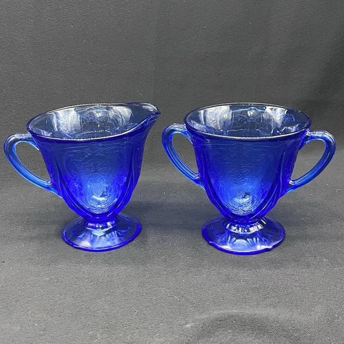 VTG Hazel Atlas Cobalt Blue Royal Lace Creamer and Open Sugar Bowl Footed