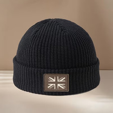 Black Knit Beanie Hat Warm Skull Cap Union Jack Flag Patch United Kingdom