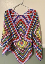 Handmade Crochet Shawl Poncho Colorful Granny Square Boho Festival Hippie 70s