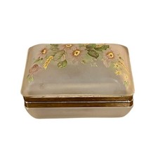 Vintage Frosted Glass Trinket Box Hand Painted Flowers Brass Hinged Vanity Decor